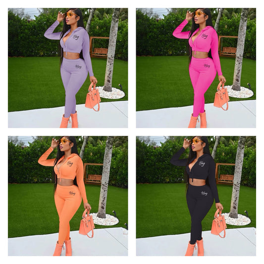 Ladies 2 Piece Crop Top High Waisted Legging Pants Set (Multiple Colors)
